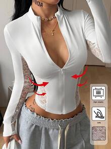 Coolane 女款秋冬街頭風休閒性感日常度假白色針織蕾絲拼接輕量彈性舒適拉鍊夾克運動外套 - 白色 - 查看 7