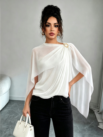 SHEIN Raffinéa Women's Spring/Summer/Autumn New 2-Way Wear Mesh Top With Metal Buckle, Mesh Patchwork Solid Color Fitted Asymmetrical Neck Backless Design, Elegant Sexy Glamorous Vintage Casual Holiday Party Evening Banquet White Tank Top