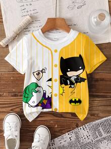 BATMAN X SHEIN Young Boy Striped & Cartoon Pattern Short Sleeve T-Shirt - White - View 5
