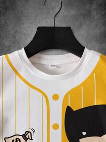 BATMAN X SHEIN Young Boy Striped & Cartoon Pattern Short Sleeve T-Shirt - White - View 4