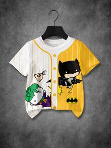 BATMAN X SHEIN Young Boy Striped & Cartoon Pattern Short Sleeve T-Shirt - White - View 1