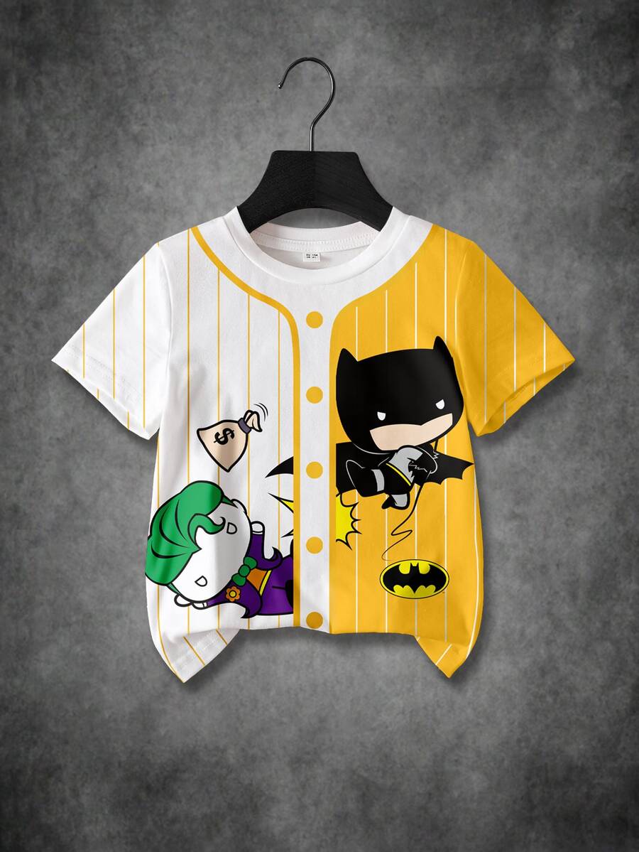 BATMAN X SHEIN Young Boy Striped & Cartoon Pattern Short Sleeve T-Shirt - White - View 1