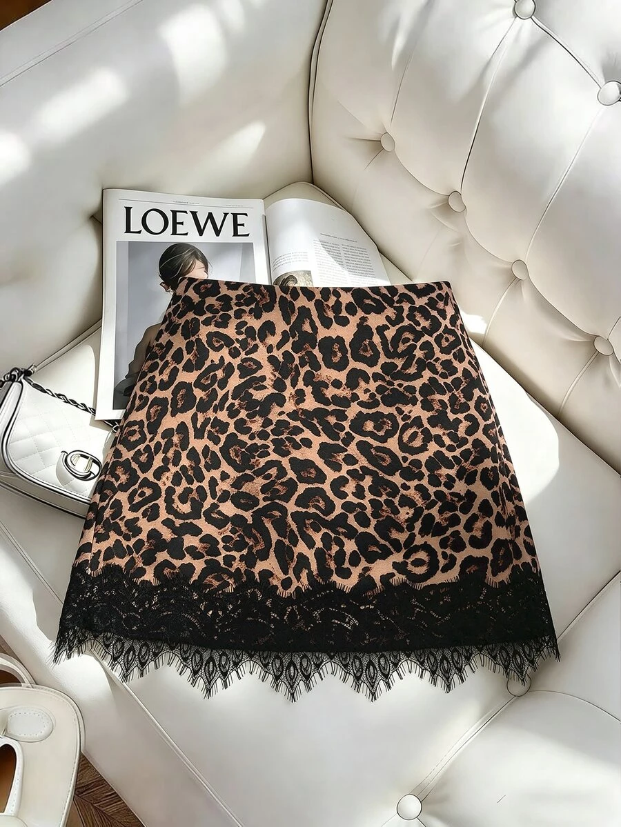 SHEIN Franclia Women's Contrast Lace Leopard Print Fashion Skirt