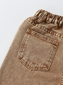 SHEIN ChillGRL Tween Girl New Fashion Snowflake Washed Distressed Embroidered Wide-Leg Jeans Tween Girl Wide Leg Pants With Butterflies And Flowers 70s Tween Girl Earthy Tween - Khaki - View 5