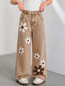 SHEIN ChillGRL Tween Girl New Fashion Snowflake Washed Distressed Embroidered Wide-Leg Jeans Tween Girl Wide Leg Pants With Butterflies And Flowers 70s Tween Girl Earthy Tween - Khaki - View 4