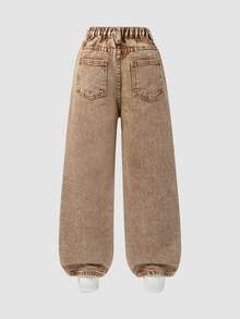 SHEIN ChillGRL Tween Girl New Fashion Snowflake Washed Distressed Embroidered Wide-Leg Jeans Tween Girl Wide Leg Pants With Butterflies And Flowers 70s Tween Girl Earthy Tween - Khaki - View 2