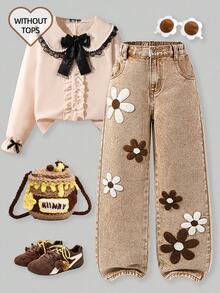 SHEIN ChillGRL Tween Girl New Fashion Snowflake Washed Distressed Embroidered Wide-Leg Jeans Tween Girl Wide Leg Pants With Butterflies And Flowers 70s Tween Girl Earthy Tween - Khaki - View 3