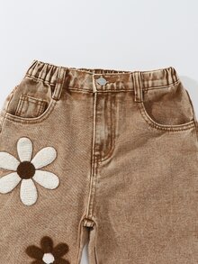 SHEIN ChillGRL Tween Girl New Fashion Snowflake Washed Distressed Embroidered Wide-Leg Jeans Tween Girl Wide Leg Pants With Butterflies And Flowers 70s Tween Girl Earthy Tween - Khaki - View 7