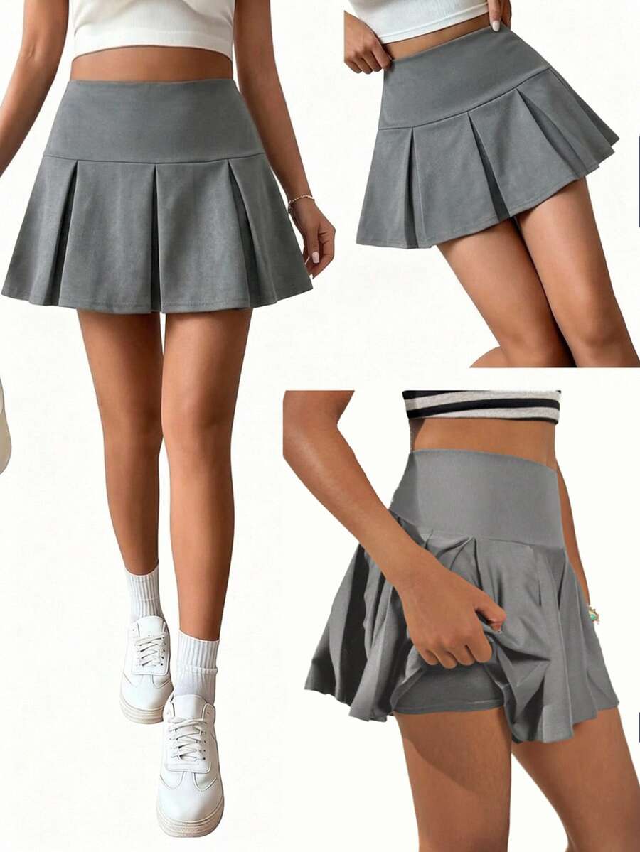 SHEIN Teen Girls Pleated Skirt Back To School Prom Formal Autumn Casual - Grey - View 1