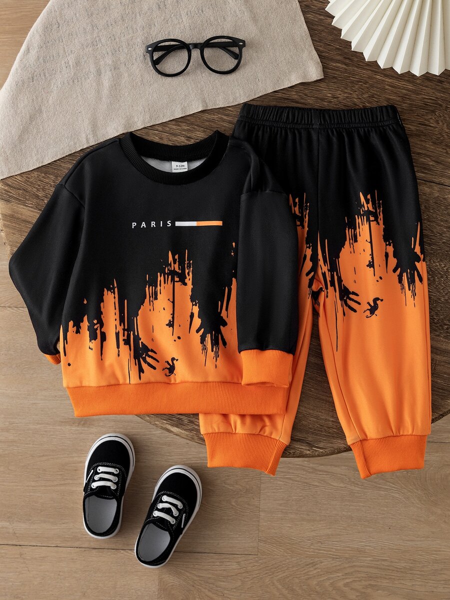 SHEIN 2pcs/Set Toddler Casual Cowboy Race Car Racing Halloween Graffiti Pattern Crew Neck Top Sweatpants Set Colorblock Design Autumn Orange - Black - View 1