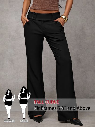 SHEIN Tall CURVE CURVE Plus Size Women's Tall Black Casual Straight Leg Pants With Pockets Autumn Business Formal Evening High-Waisted Office Elegant Wide-Leg Trousers