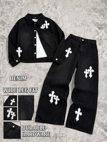Kids 2Pcs Tween Boy Loose And Comfortable Simple Cross-Pattern Black Loose Long-Sleeved Shirt And Jeans - Black - View 2