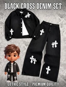 Kids 2Pcs Tween Boy Loose And Comfortable Simple Cross-Pattern Black Loose Long-Sleeved Shirt And Jeans - Black - View 1