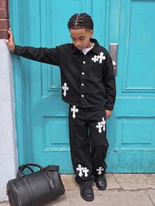 Kids 2Pcs Tween Boy Loose And Comfortable Simple Cross-Pattern Black Loose Long-Sleeved Shirt And Jeans - Black - View 3