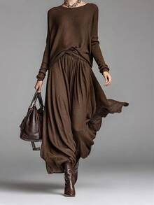 LUMIGAL Setelan Sweater Lengan Panjang Leher Bulat Warna Polos dan Rok Rajut untuk Wanita - Coklat - View 4
