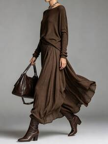 LUMIGAL Setelan Sweater Lengan Panjang Leher Bulat Warna Polos dan Rok Rajut untuk Wanita - Coklat - View 5