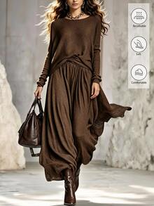 LUMIGAL Setelan Sweater Lengan Panjang Leher Bulat Warna Polos dan Rok Rajut untuk Wanita - Coklat - View 1