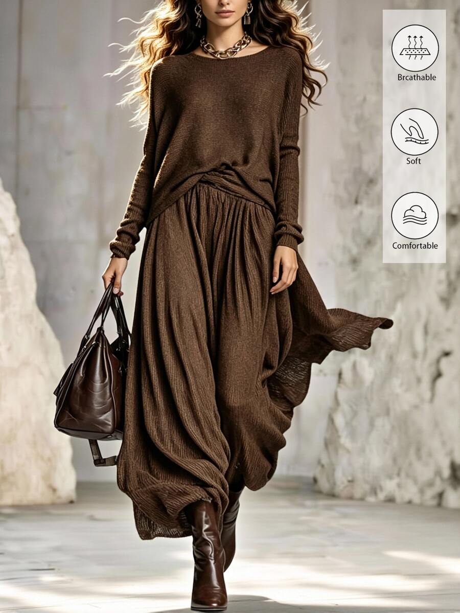 LUMIGAL Setelan Sweater Lengan Panjang Leher Bulat Warna Polos dan Rok Rajut untuk Wanita - Coklat - View 1