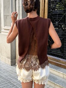 Serisse Women's Elegant Lace Patchwork Knitted Sweater Vest Autumn Winter Warm Sleeveless Knit Pullover Top Casual Layering Slim Fit Knitwear For Daily - Brown - View 6