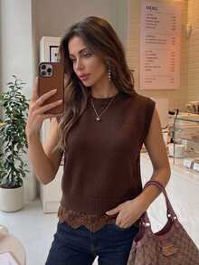Serisse Women's Elegant Lace Patchwork Knitted Sweater Vest Autumn Winter Warm Sleeveless Knit Pullover Top Casual Layering Slim Fit Knitwear For Daily - Brown - View 3
