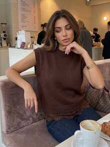 Serisse Women's Elegant Lace Patchwork Knitted Sweater Vest Autumn Winter Warm Sleeveless Knit Pullover Top Casual Layering Slim Fit Knitwear For Daily - Brown - View 4