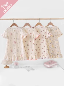 [1 Set Acak] Gaun Tidur Anak Perempuan Balita Leher Bulat Lengan Pendek Warna Krem Model Longgar Motif Beruang Kartun dan Bunga dengan Hem Berkerut Bahan Kasa Lembut - MultiWarna - View 2