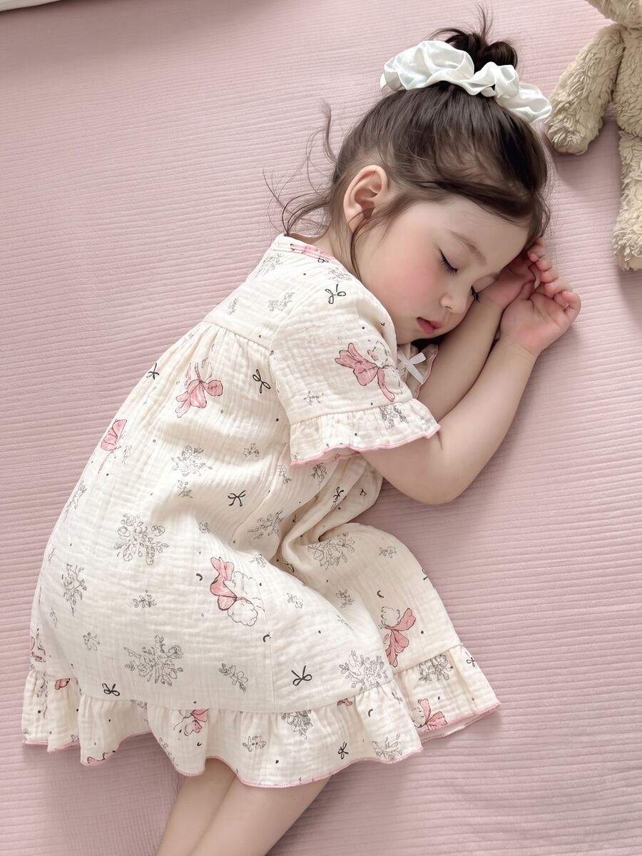 [1 Set Acak] Gaun Tidur Anak Perempuan Balita Leher Bulat Lengan Pendek Warna Krem Model Longgar Motif Beruang Kartun dan Bunga dengan Hem Berkerut Bahan Kasa Lembut - MultiWarna - View 1