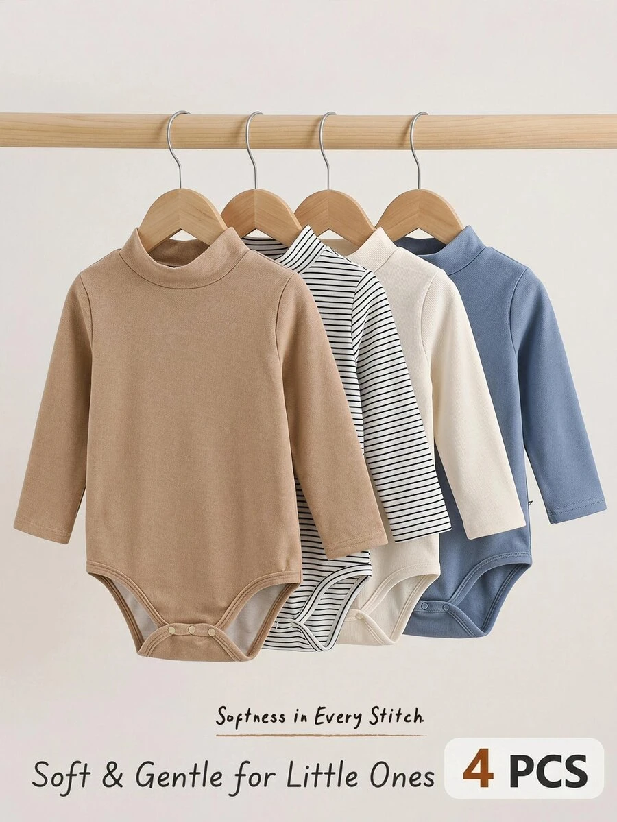 Cozy Pixies Kids Baby Boy Solid Color Striped Knit Soft Mock Neck Long Sleeve Autumn Romper 4pcs Set - Multicolor - View 1