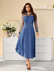Selenza Women's Contrast Mesh Long Sleeve Waist Button Design Elegant Denim Dress - Blue - View 4