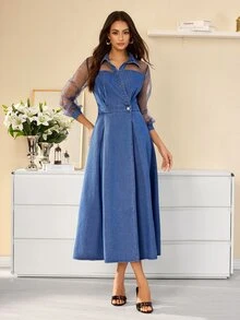 Selenza Women's Contrast Mesh Long Sleeve Waist Button Design Elegant Denim Dress - Blue - View 7