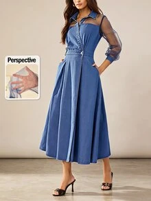 Selenza Women's Contrast Mesh Long Sleeve Waist Button Design Elegant Denim Dress - Blue - View 3