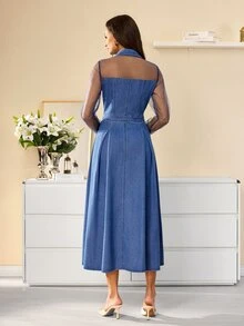 Selenza Women's Contrast Mesh Long Sleeve Waist Button Design Elegant Denim Dress - Blue - View 2