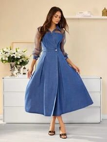 Selenza Women's Contrast Mesh Long Sleeve Waist Button Design Elegant Denim Dress - Blue - View 6