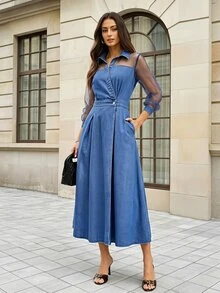 Selenza Women's Contrast Mesh Long Sleeve Waist Button Design Elegant Denim Dress - Blue - View 16