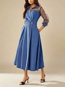Selenza Women's Contrast Mesh Long Sleeve Waist Button Design Elegant Denim Dress - Blue - View 14