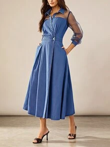 Selenza Women's Contrast Mesh Long Sleeve Waist Button Design Elegant Denim Dress - Blue - View 10