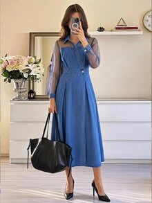 Selenza Women's Contrast Mesh Long Sleeve Waist Button Design Elegant Denim Dress - Blue - View 13