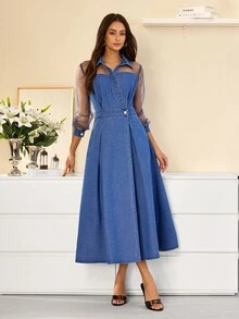 Selenza Women's Contrast Mesh Long Sleeve Waist Button Design Elegant Denim Dress - Blue - View 12