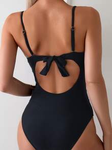 Swim Lushoire 夏季海滩女士网眼撞色系带露背连体泳衣 - 黑色 - 查看 2
