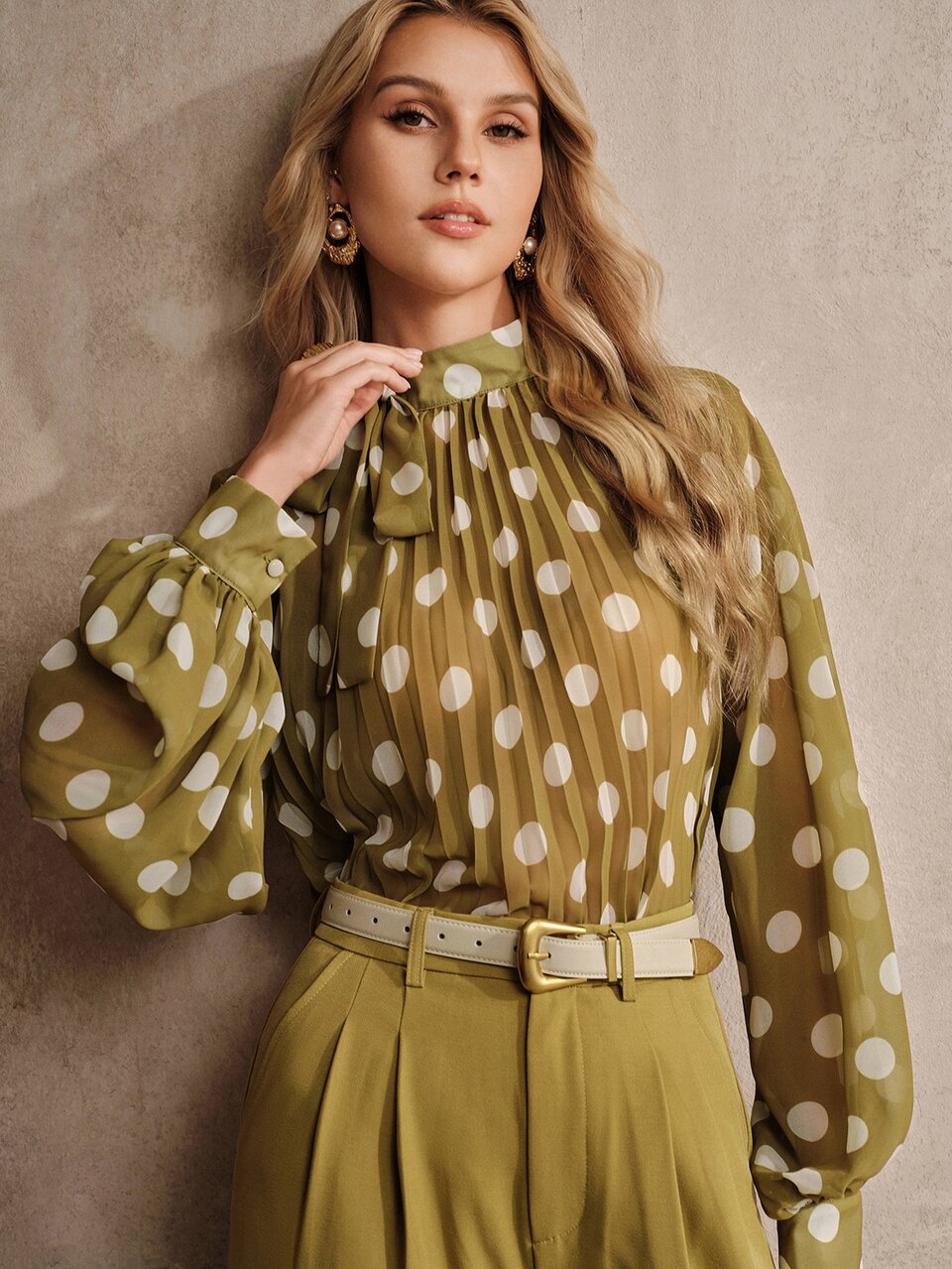 Anewsta Women's Autumn/Winter New Elegant Fashion Small Stand Collar Bow Tie Green Floral Polka Dot Blouse, Office Commute, Romantic Date, Going Out Shopping Outfit, Elegant Modern Blouses, Going Out Tops For Women