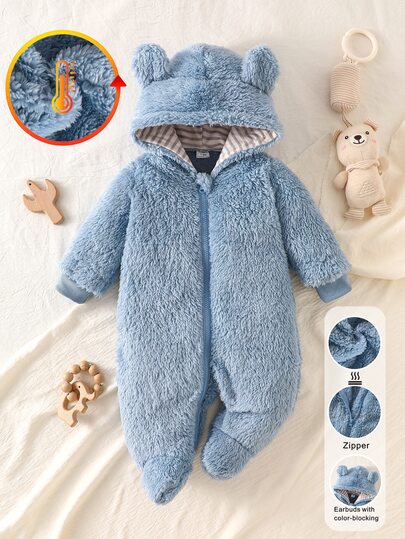Newborn Hooded One-Piece Footed Romper, Blue Cute Bear Design With Contrast Stripes, Double-Sided Fleece Fabric, Comfortable Soft Casual Minimalist Wearable Loungewear For Winter