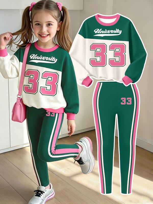 (1 Set) Autumn/Winter Girls Casual Fresh Green & Light Green 33 Striped Letter Pattern Crew Neck Sweatshirt With Leggings
