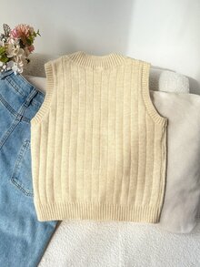Tween Girl Soft V-Neck Embroidered Knit Sweater Vest, Butter Yellow Tanktop, Dark Yellow, Autumn, Vintage, School, Back-To-School Clothes For Tween Girl - Apricot - View 2