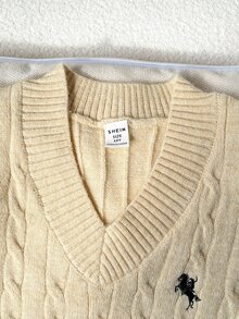 Tween Girl Soft V-Neck Embroidered Knit Sweater Vest, Butter Yellow Tanktop, Dark Yellow, Autumn, Vintage, School, Back-To-School Clothes For Tween Girl - Apricot - View 3