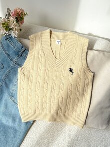 Tween Girl Soft V-Neck Embroidered Knit Sweater Vest, Butter Yellow Tanktop, Dark Yellow, Autumn, Vintage, School, Back-To-School Clothes For Tween Girl - Apricot - View 1