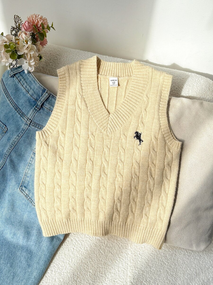 Tween Girl Soft V-Neck Embroidered Knit Sweater Vest, Butter Yellow Tanktop, Dark Yellow, Autumn, Vintage, School, Back-To-School Clothes For Tween Girl - Apricot - View 1