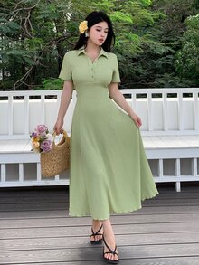 Rue Lumi 女式纯色休闲纽扣式 V 领荷叶边腰部中长连衣裙 - 綠色 - 查看 6