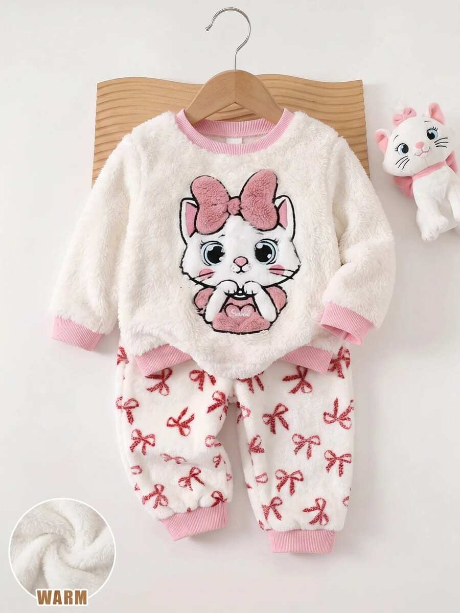 SHEIN Babygirl Cream Pink, Soft Sweet Glitter Bow Cartoon Cat Plush Applique Embroidery Patter Pattern Color Block Pajamas Bow Pattern Pants Loungewear Set - Apricot - View 1