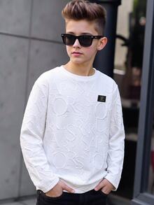 SHEIN 兒童青少年男孩休閒學院風運動白色紋理提花亮面布料套頭圓領長袖T恤，適合通勤、上學、日常休閒外出與運動，適合春夏秋冬四季穿著 - 白色 - 查看 3