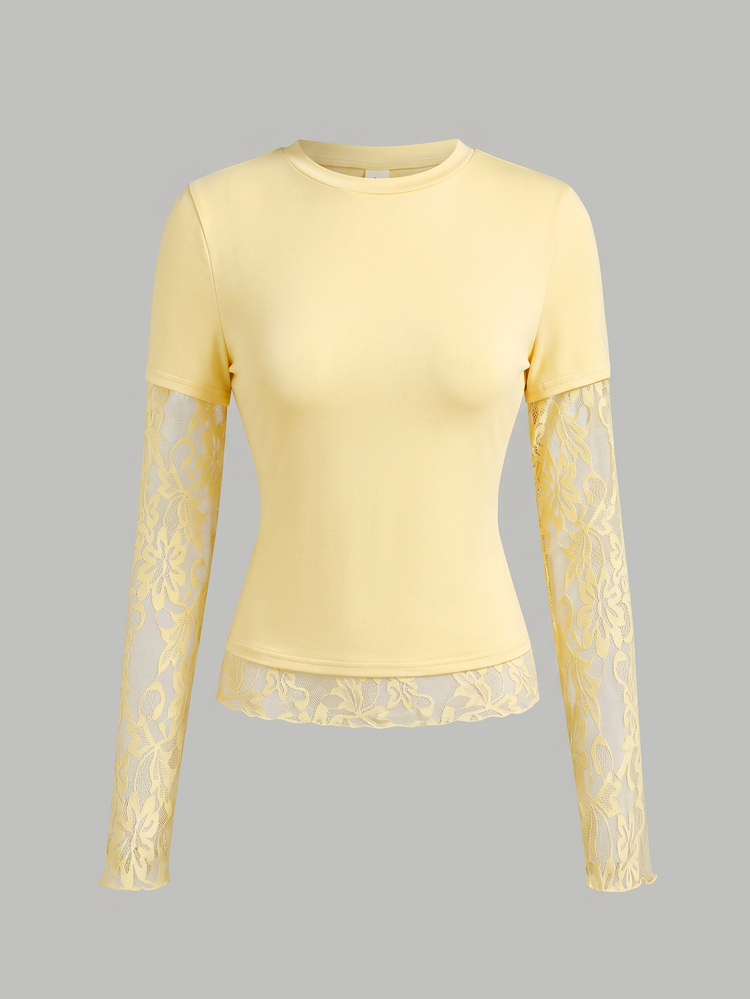 SHEIN Teen Girls Yellow Knitted Waist-Cinching Design Contrast Lace 2 In 1 T-Shirt, Suitable For Daily Commute And Back To School Outfits - Yellow - View 3